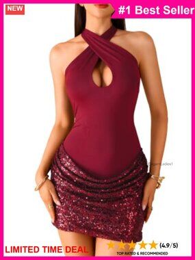 Sexy Keyhole Halter Sequin Mini Dress Bodycon Party